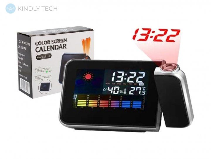Настільний годинник-метеостанція Model-8190 з проектором часу, термометр, гігрометр, Чорний
