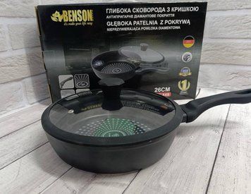 Сковорода Benson BN-449 26 см глубокая с алмазным антипригарным покрытием и крышкой