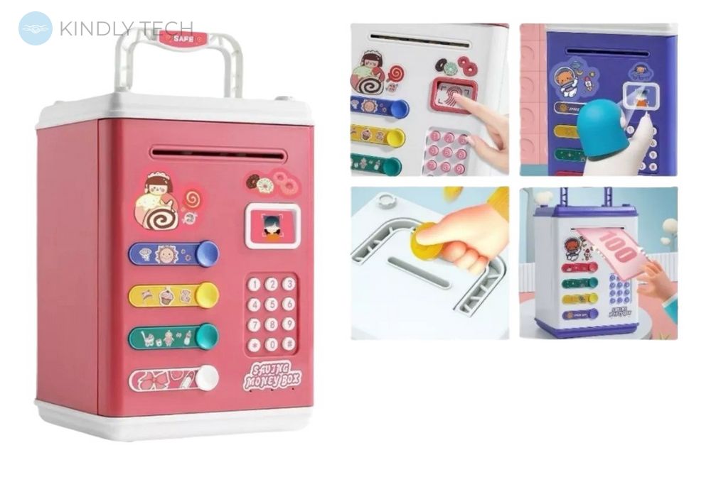 Копилка-сейф детская Saving Money Box с кодовым замком и отпечатком пальца, Розовая