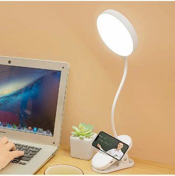 Акумуляторна LED лампа на прищіпці (Li-ion 900mAh, 20 LED), біла з підставкою під смартфон, USB