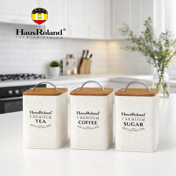 Набор банок для сыпучих продуктов HausRoland HR-4133 с бамбуковыми крышками 3 предмета,Белый
