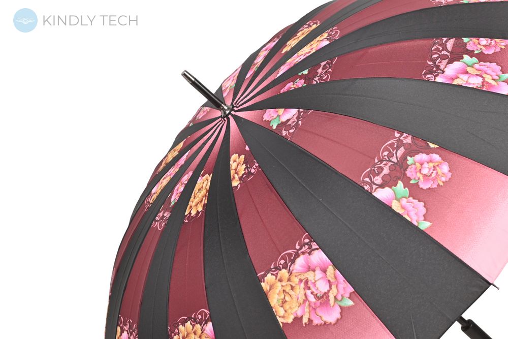 Великий парасолька-тростина напівавтомат "Monsoon" на 24 спиці, Чорно-бордовий з квітковим принтом
