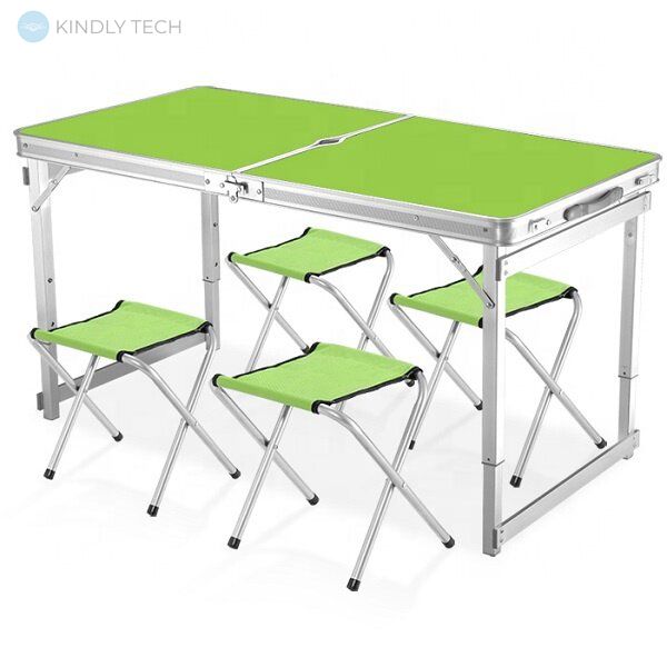 Посилений розкладний стіл валізу Folding Table для пікніка зі стільцями 120х60х70 / 55 Зелений