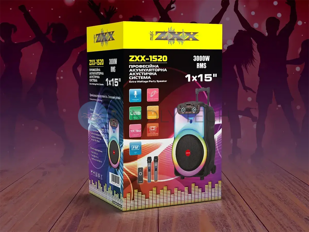 Акустична переносна колонка ZXX-1520 120Вт 1x15" 66х34х33см USB/TWS/TF/REC/LED/EQ/FM/BT/2MIC/ДК