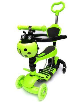 Дитячий Самокат Scooter Сонечко Божа Корівка з батьківською ручкою та бортиком Зелений