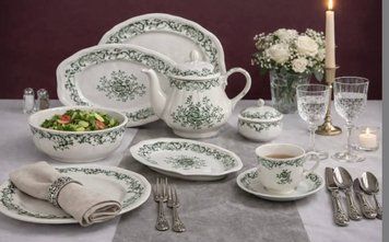 Столовый сервиз Royal Grace DY02 на 6 персон, 34 предмета, фарфор с зеленым орнаментом