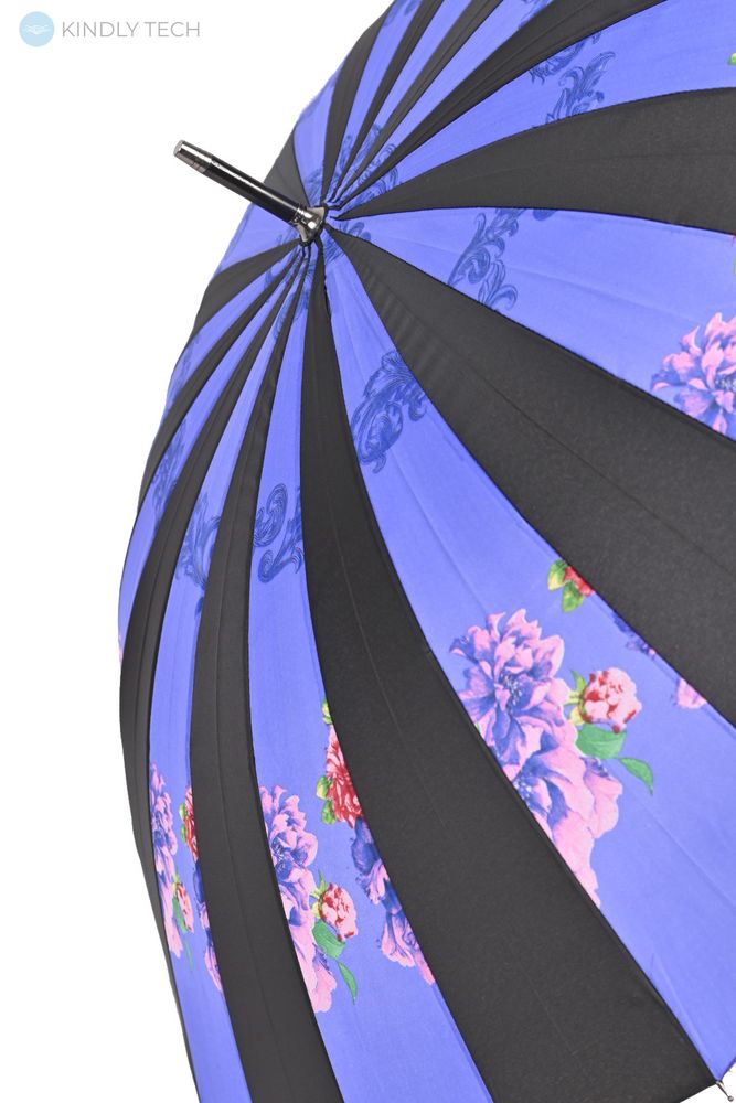 Большой зонт-трость полуавтомат "Monsoon" на 24 спицы, Черно-фиолетовый с цветочным принтом