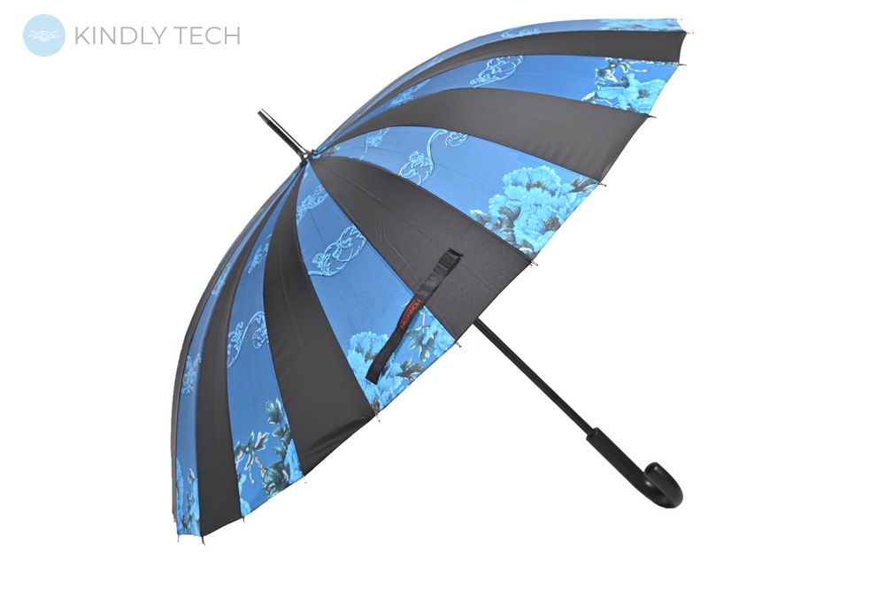 Большой зонт-трость полуавтомат "Monsoon" на 24 спицы, Черно-синий с цветочным принтом и узором