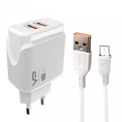 Сетевое зарядное устройство 2.4A | 2U | Micro Cable (1m) — Veron VR-C12M — White