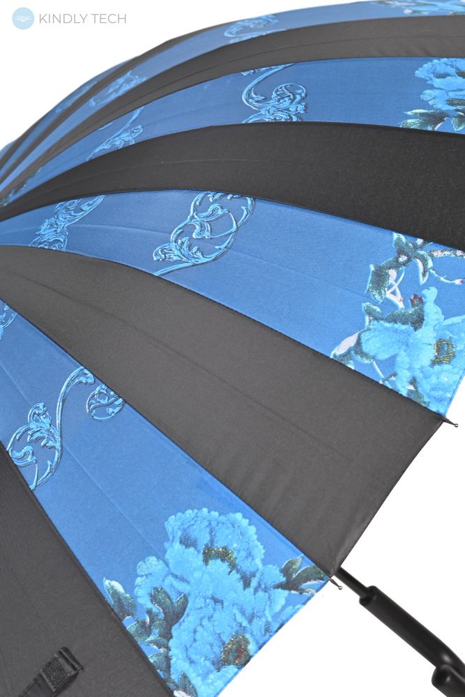 Великий парасолька-тростина напівавтомат "Monsoon" на 24 спиці, Чорно-синій з квітковим принтом та візерунком