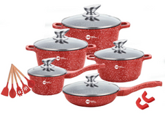 Набор кастрюль и сковорода Higher Kitchen HK-305, Набор посуды с гранитным антипригарным покрытием и набор кухонных инструментов, Красный