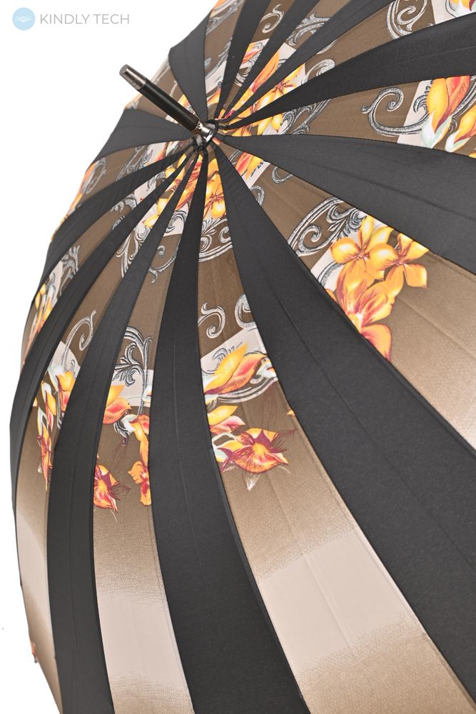 Большой зонт-трость полуавтомат "Monsoon" на 24 спицы, Черно-золотистый с цветочным принтом