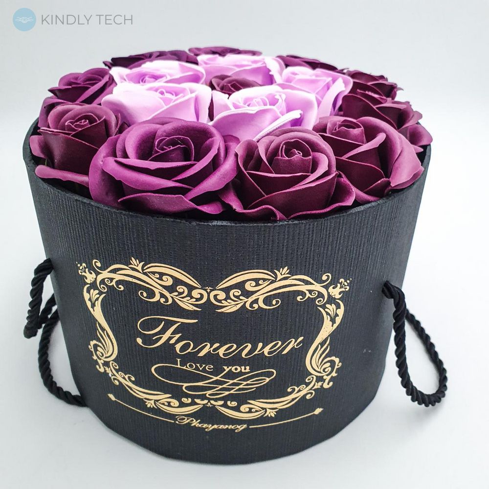 Подарунковий набір Forever з трояндами з мила в шляпной коробці 19х19 см Фіолетовий