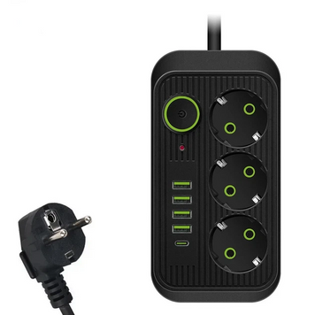Сетевой фильтр (удлинитель) Power &mdash; Socket F09U 3 розетки 4 USB+Type-C, 2 м, черный