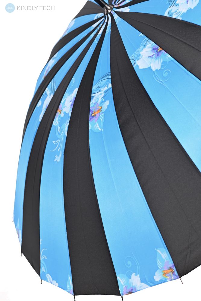 Большой зонт-трость полуавтомат "Monsoon" на 24 спицы, Черно-голубой с цветочным принтом